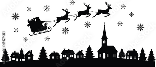 Silhouette of Santa Claus in a sleigh pulled by reindeer over a village with snowflakes Keywords: Christmas, Santa Claus, sleigh, reindeer, village, silhouette, snow, winter, holiday, festive