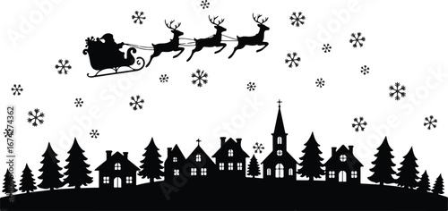 Silhouette of Santa Claus in a sleigh pulled by reindeer over a village with snowflakes Keywords: Christmas, Santa Claus, sleigh, reindeer, village, silhouette, snow, winter, holiday, festive