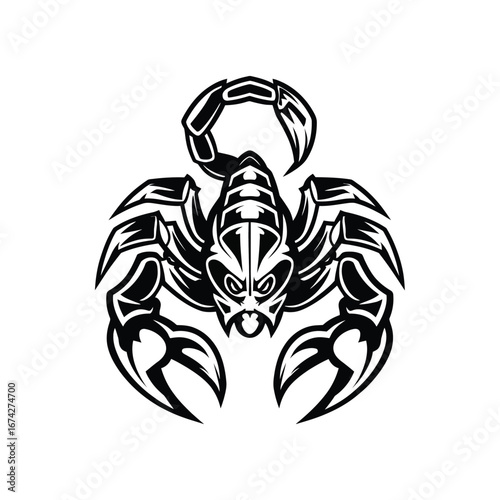 Fierce and stylized scorpion graphic design, a powerful symbol of strength and danger with intricate details and a bold, aggressive stance, ideal for a striking visual emblem