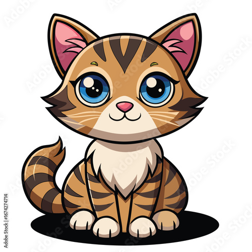 A fun, cartoon drawing of a cute domestic cat character sitting with a smile and a long tail