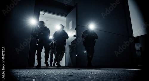 SWAT team entering a doorway at night, illuminated by headlamps