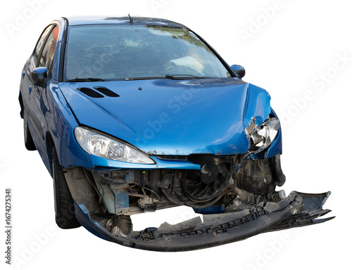 Car wreck after accident isolated on transparent background – damaged vehicle crash concept