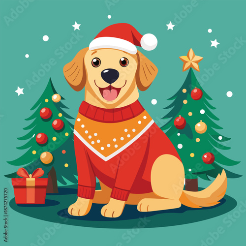 A happy cartoon dog wearing a Santa hat poses by a decorated Christmas tree with a pile of festive gifts