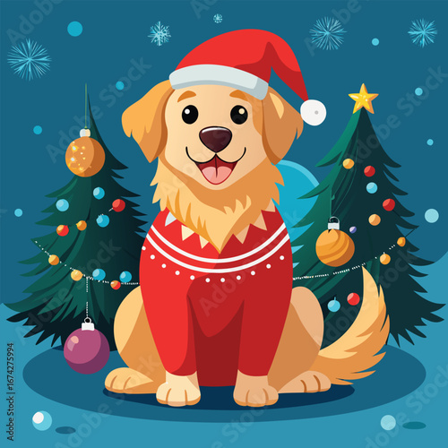 Merry Christmas and Happy New Year, with Santa Claus bringing a gift to the festive winter celebration with a decorated tree