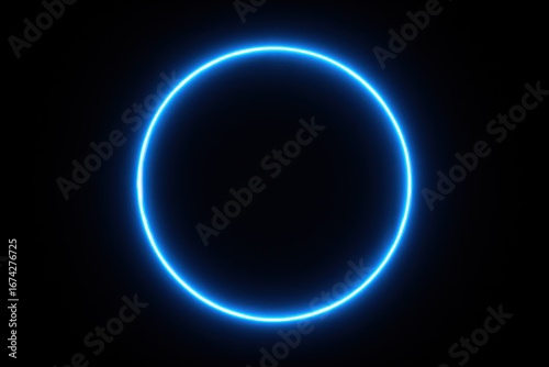 Glowing Neon Blue Geometric Circle Ring on Dark Background Creating Futuristic Technology Abstract Design