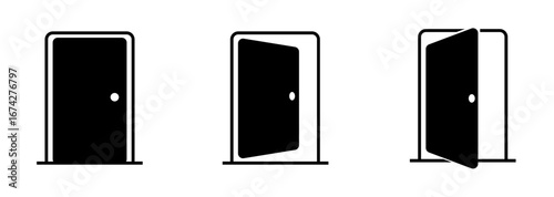 door icon set closed half open and fully open vector illustration.