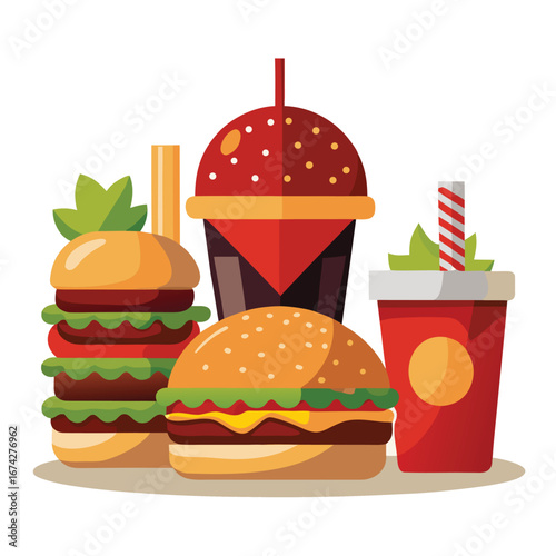 A colorful vector collection of cute fast food icons and sweet desserts like a cartoon burger, cupcakes, and chocolate cake