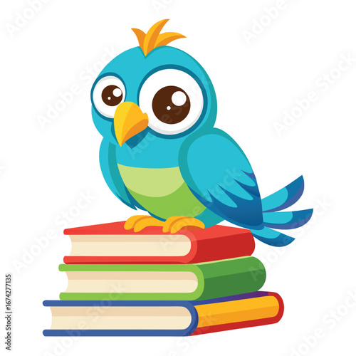A cute cartoon blue bird with a yellow beak and colorful feathers is flying, a colorful tropical animal illustration
