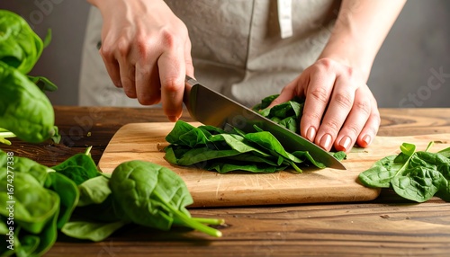 Hands slice fresh spinach on a wooden board, kitchen setting with apron worn