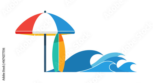 Stylized summer beach scene with vibrant umbrella surfboard and ocean waves for graphic design