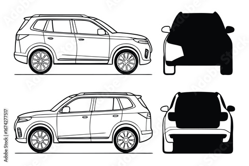 SUV Car Line Art with Front View in Silhouette Sleek Automotive Design for Presentations