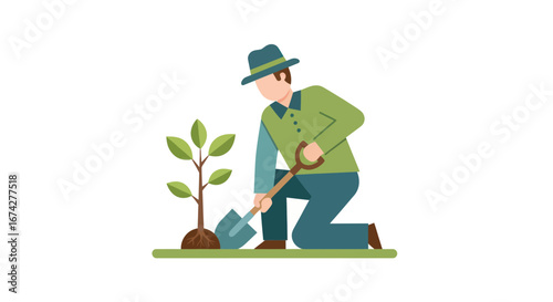 Illustrated Gardener Planting Sapling: Nurturing Growth and Environmental Stewardship