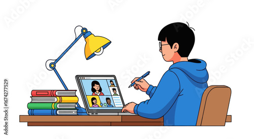 Illustration depicting a student attending an online class with books and a lamp at his desk