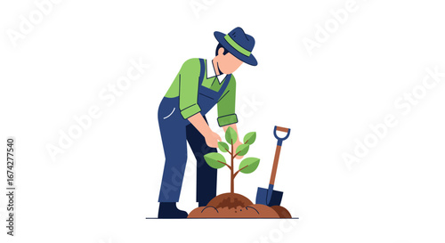 Farmer tending a sapling planting concept, illustration depicting growth sustainability and