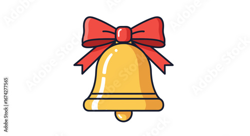 Festive golden bell adorned with a vibrant red bow against a pristine white backdrop scene