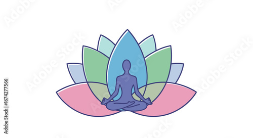 Meditative pose within a colorful lotus flower illustration creates tranquility and well being
