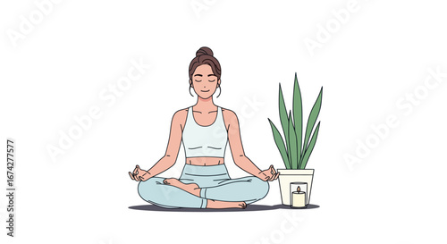Young woman finds harmony through meditation posture with potted plant and lit candle