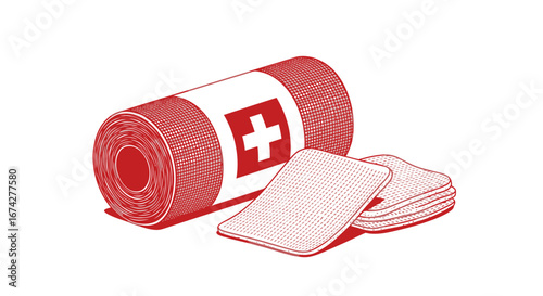 Depiction of a first aid kit with bandage and patches, representing healthcare necessities