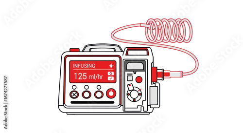 Graphic illustration of an infusion pump displaying infusion rate, healthcare depiction
