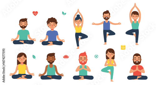 Illustration showcasing diverse individuals practicing different yoga poses for wellness and