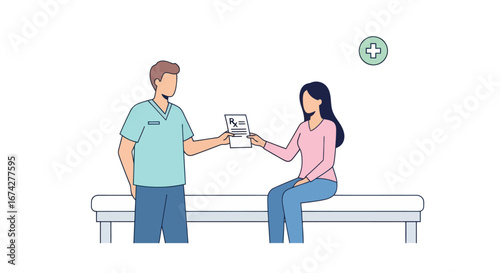 Medical prescription consultation, doctor providing script to patient in examination room,