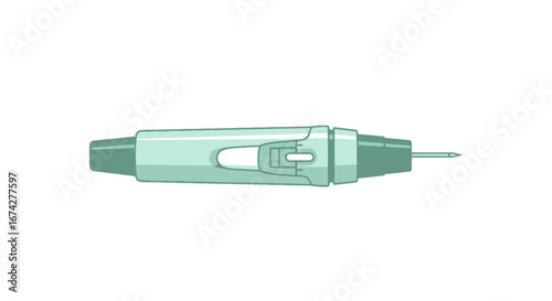 Cartoon illustration of a light green insulin pen for diabetes management and healthcare tool