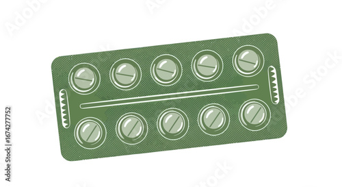 Illustration of a blister pack showcasing medication tablets, a minimalist design medical