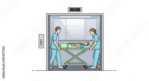 Emergency transport in a lift, patient on stretcher, medical staff assistance, urgent care delivery