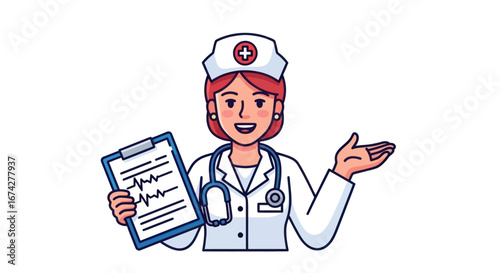 Friendly female doctor providing medical information with a smile and gesturing welcome