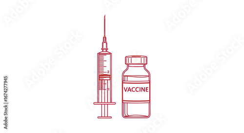 Simple line drawing illustration of a vaccine injection and vial with red outlines on white