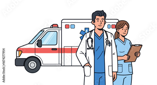 Ambulance team illustration featuring a doctor, nurse, and emergency medical vehicle