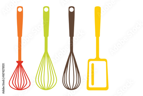 Vibrant Kitchen Utensil Collection Whisk and Spatula Tools for Baking Cooking and Food Preparation on White Background