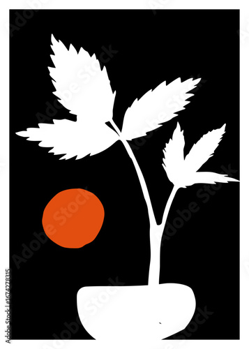 Virginia creeper leaf silhouette background and wallpaper in black, white, and orange. Minimal floral design perfect for branding, print, packaging, invitations, posters, and modern artwork.