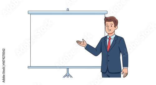 Professional presenter standing next to whiteboard, ready to deliver engaging speech
