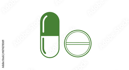 Minimalist flat vector art featuring pill and tablet shapes with green outlines on white