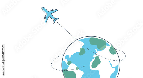 Simplified vector illustration featuring global air travel with modern airplane design