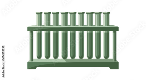 Conceptual illustration of green-filled test tubes arranged in a lab rack on a white background