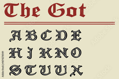 Vintage Style Alphabet Displaying Unique Gothic Font Letters with Red Heading and Strong Typography for Creative Designs