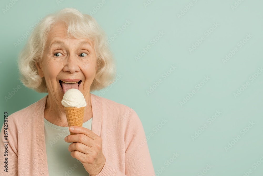 Elderly Woman in Pastel Clothing Enjoying Melting Ice Cream Cone Against Mint Green Background Summer Fun Portrait Elderly Woman in Pastel Clothing Enjoying Melting Ice Cream Cone Against Mint Green Background Summer Fun Portrait