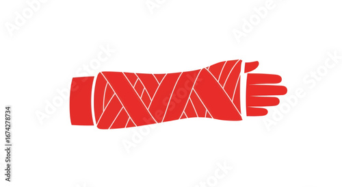 Stylized graphic of a red arm cast representing medical injury treatment and healthcare needs