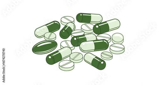 Illustration of various green and white pharmaceutical drugs scattered on a surface