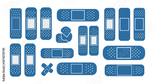 Graphic set of blue medical plasters illustrating healthcare and first aid concepts