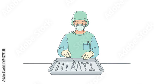 Surgical Preparation: Medical professional arranging instruments for procedure attentively