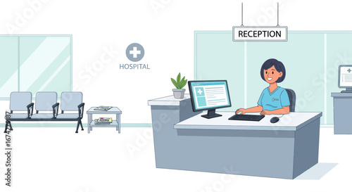 Friendly hospital reception with receptionist working on computer and waiting area