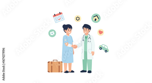 Vector illustration portraying doctor comforting patient with health recovery assistance assurance