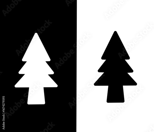 Simple graphic illustration of a pine tree in white on a black background and black on a white background