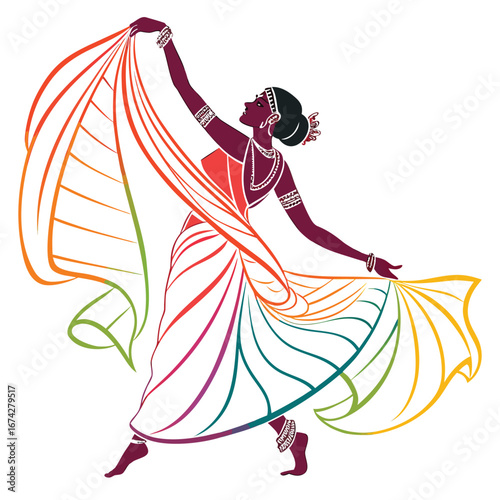 Graceful indian dancer in colorful flowing saree