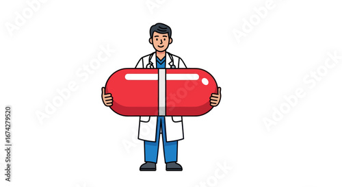 Animated doctor character holding a giant red capsule, treatment concept illustration