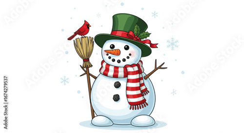 Festive snowman friend with cardinal illustration evoking joyful winter holiday spirit