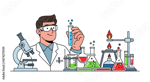 A scientist conducting research in the laboratory amidst chemical reactions and tools